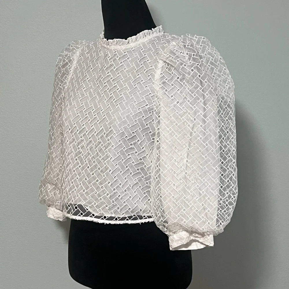 ZARA Puff Sleeve Mesh Eyelet Top - XS
